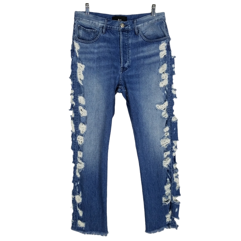 3x1 Three by One Designer Jeans High Mom Waist Distressed Button Fly Jeans